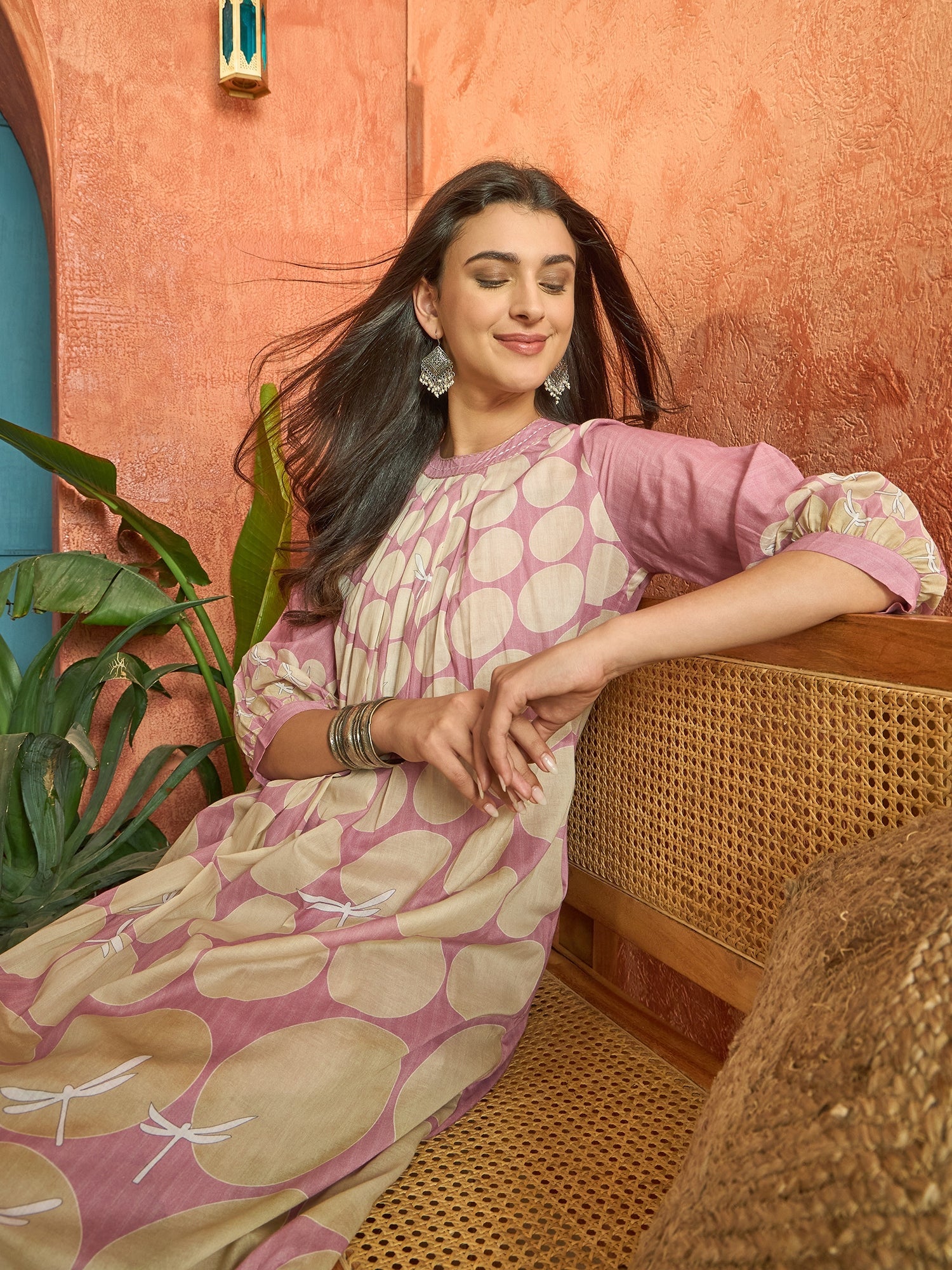 Women's Pink Polka Dots Printed Voile A-Line Kurta Pant Set (KPPINKVOK