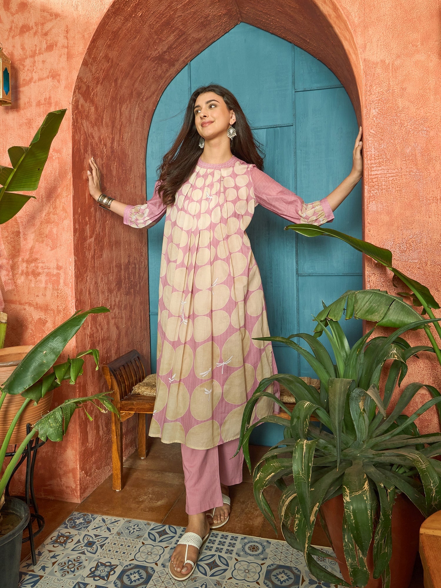 Women's Pink Polka Dots Printed Voile A-Line Kurta Pant Set (KPPINKVOK