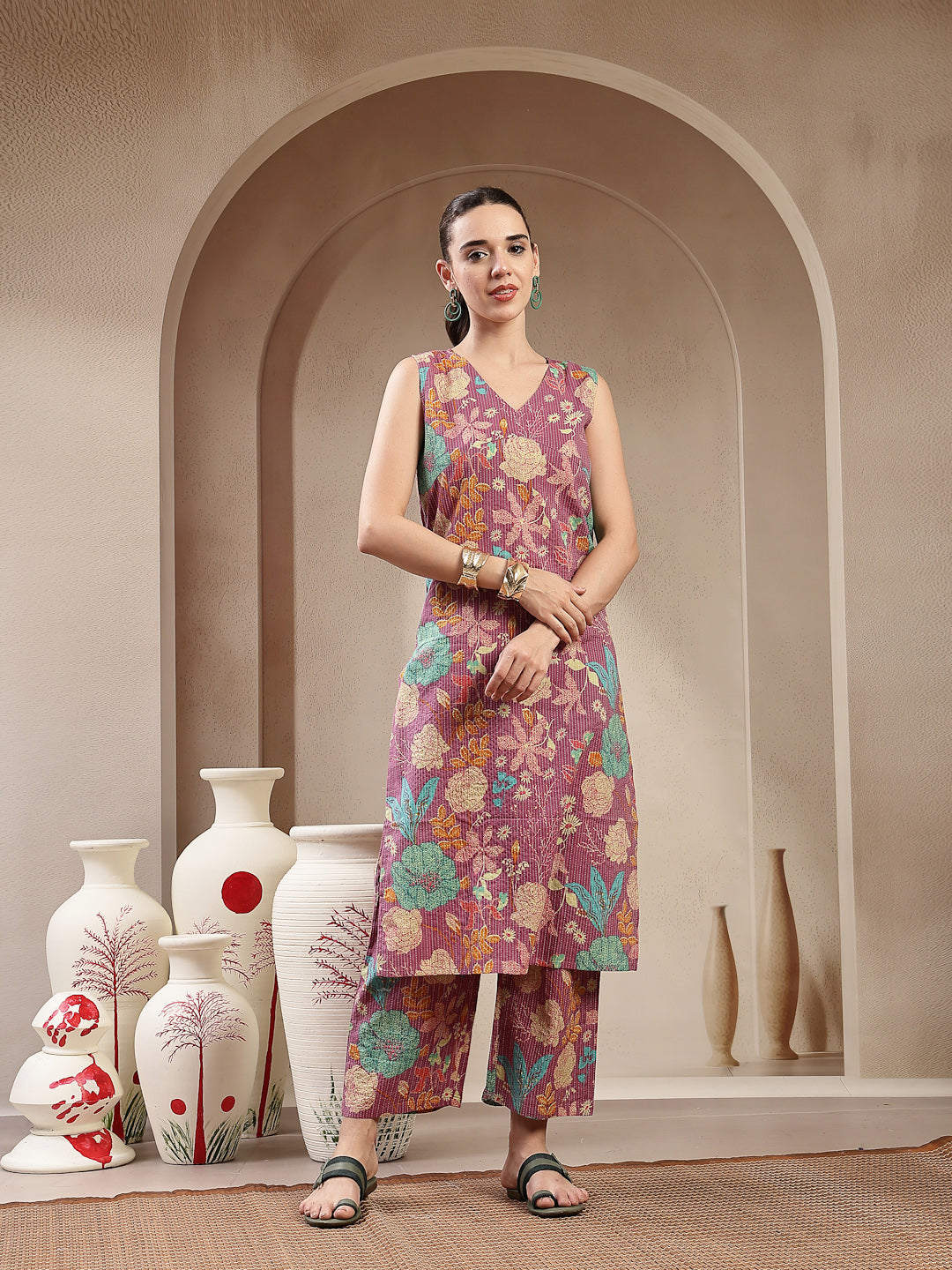 Women's Purple Floral & Woven Design Cotton Straight Kurta Pant Set (K