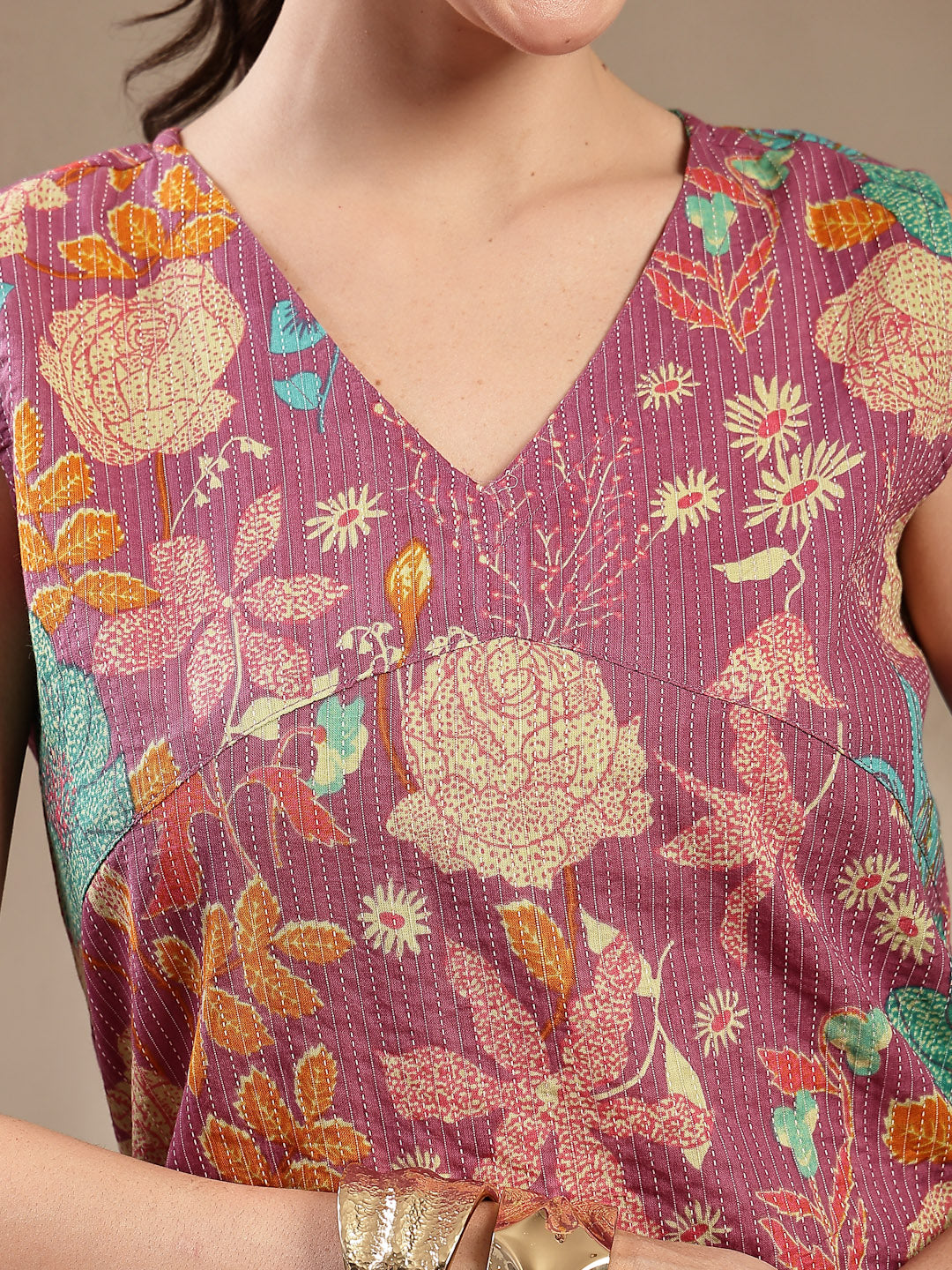 Women's Purple Floral & Woven Design Cotton Straight Kurta Pant Set (K