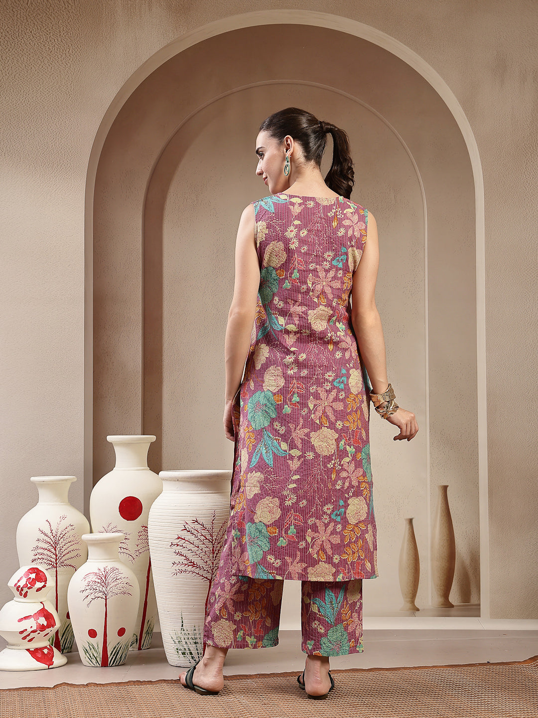 Women's Purple Floral & Woven Design Cotton Straight Kurta Pant Set (K