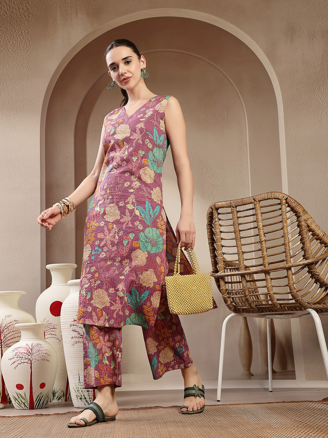 Women's Purple Floral & Woven Design Cotton Straight Kurta Pant Set (K