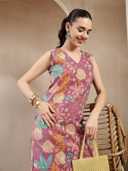 Stylum Women's Purple Floral & Woven Design Cotton Straight Kurta Pant Set (KPPURPLEKIT)