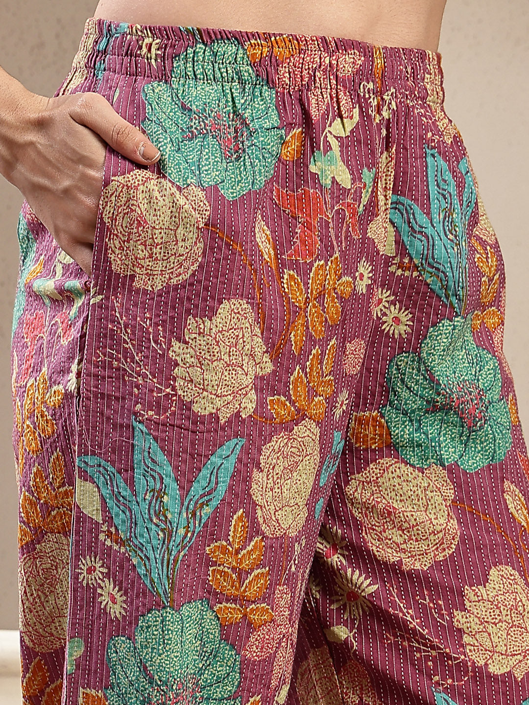 Women's Purple Floral & Woven Design Cotton Straight Kurta Pant Set (K