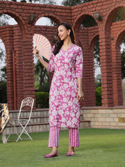 Stylum Women's Purple Floral Printed Cotton Straight Kurta Pant Set (KPPURPLEMANALI)