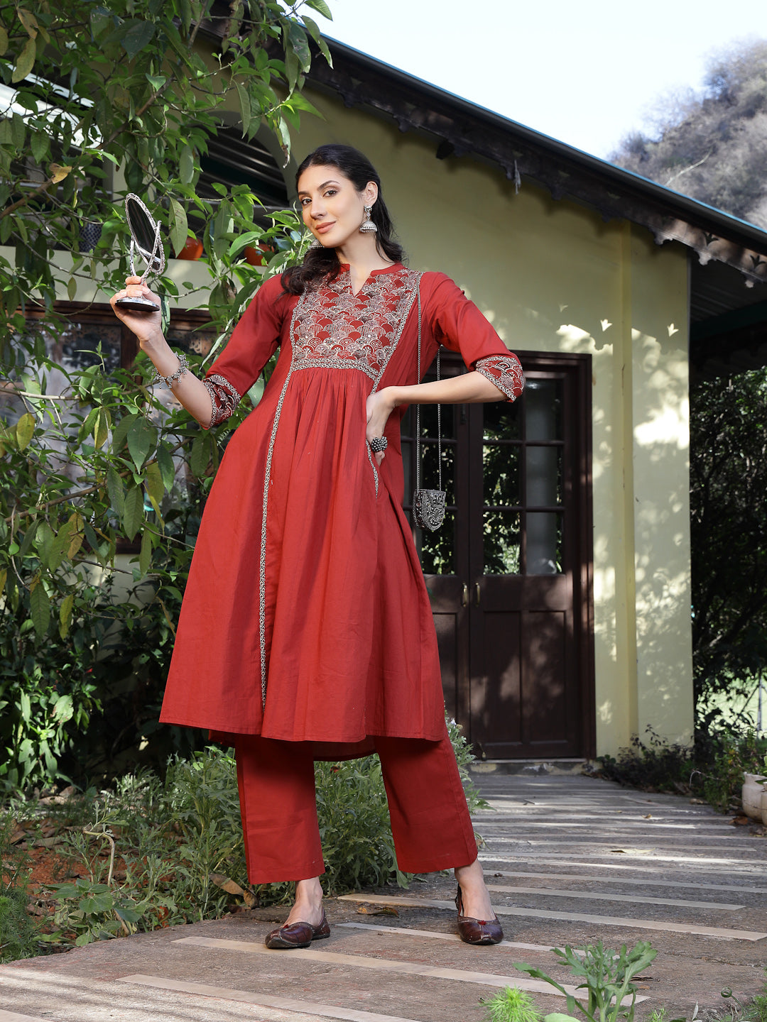 Women's Rust Printed Cotton A-Line Kurta Pant Set (KPRUSTMURANO) | Des