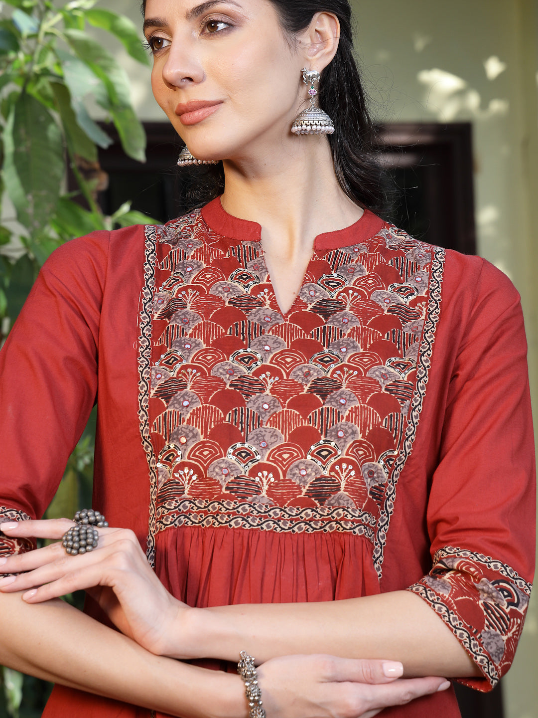 Women's Rust Printed Cotton A-Line Kurta Pant Set (KPRUSTMURANO) | Des