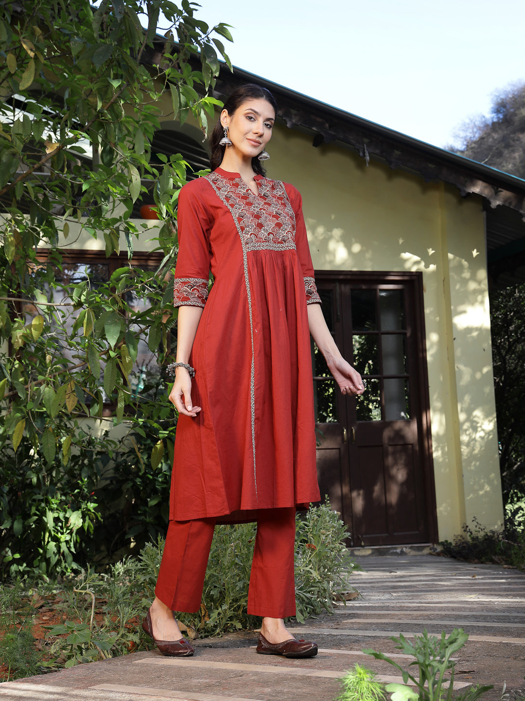 Women's Rust Printed Cotton A-Line Kurta Pant Set (KPRUSTMURANO) | Des