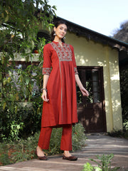 Stylum Women's Rust Printed Cotton A-Line Kurta Pant Set (KPRUSTMURANO)