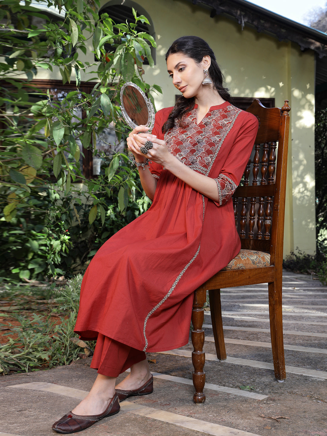 Women's Rust Printed Cotton A-Line Kurta Pant Set (KPRUSTMURANO) | Des