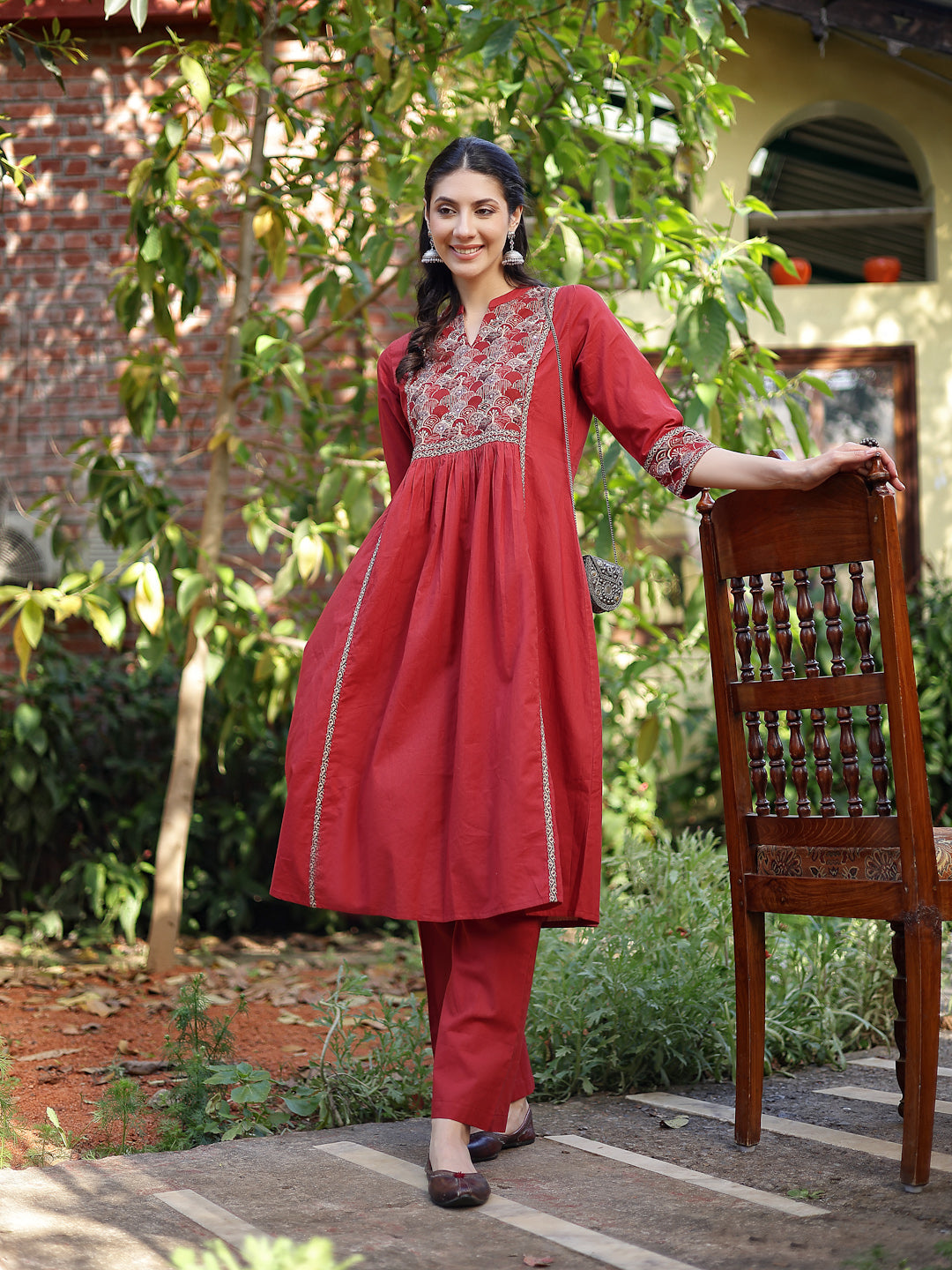 Women's Rust Printed Cotton A-Line Kurta Pant Set (KPRUSTMURANO) | Des