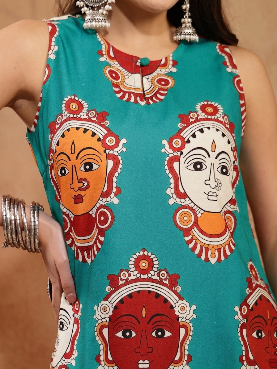 Women's Turquoise Kalamkari Face Printed Rayon A-Line Kurta Palazzo Se