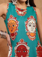 Stylum Women's Turquoise Kalamkari Face Printed Rayon A-Line Kurta Palazzo Set (KPTURQRANCHI)