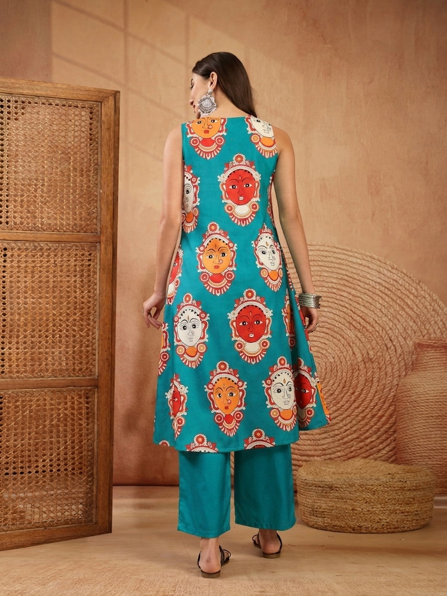 Women's Turquoise Kalamkari Face Printed Rayon A-Line Kurta Palazzo Se