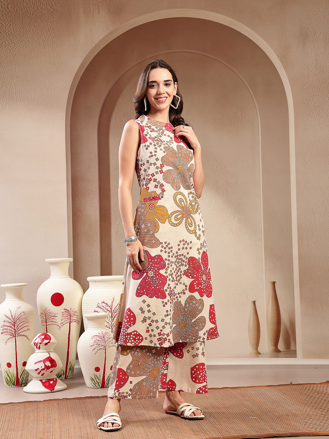 Women's White Floral Printed Cotton Flax Straight Kurta Palazzo Set (K