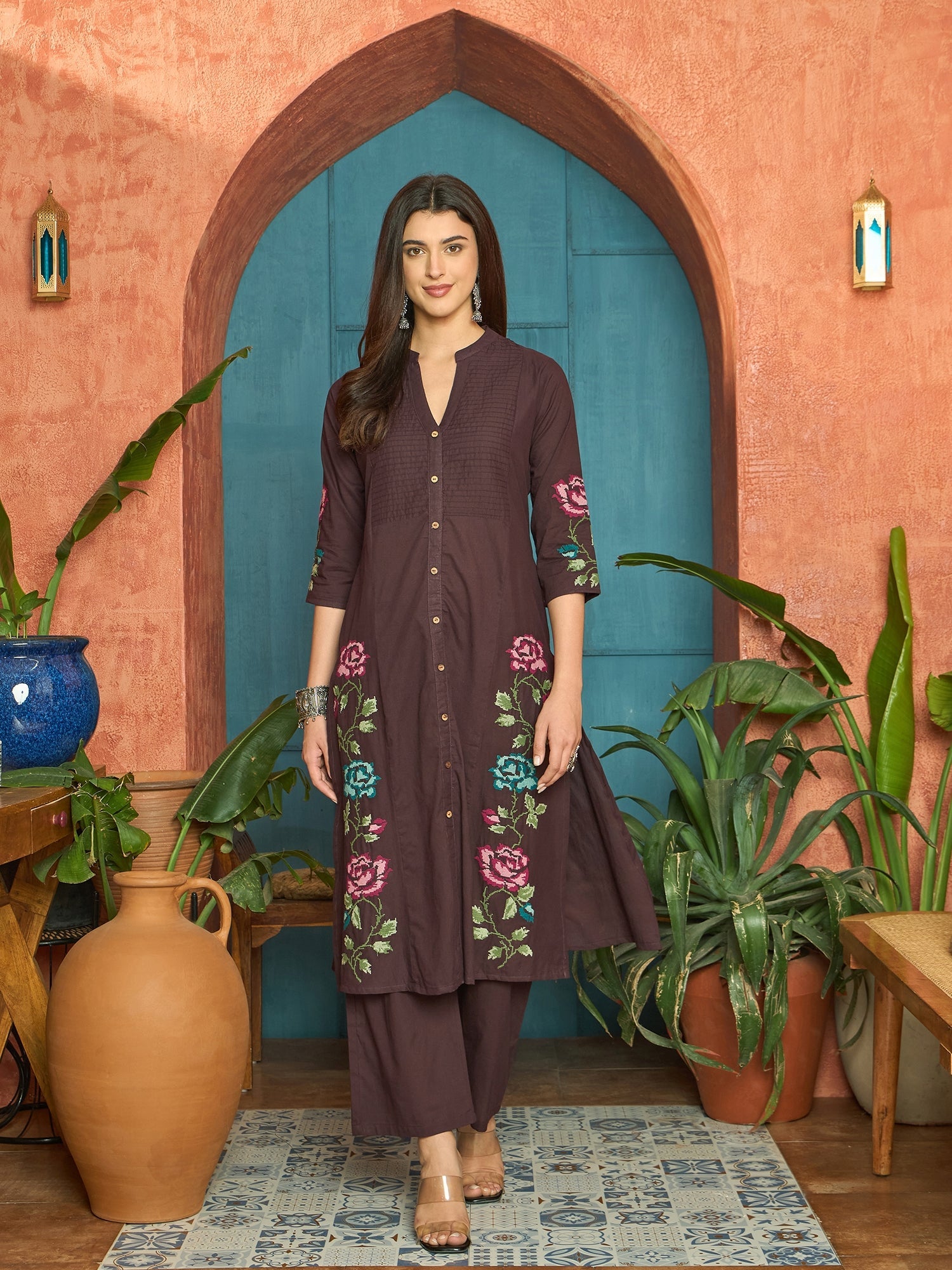 Women's Wine Solid & Embroidered Cotton A-Line Kurta Pant Set (KPWINEK