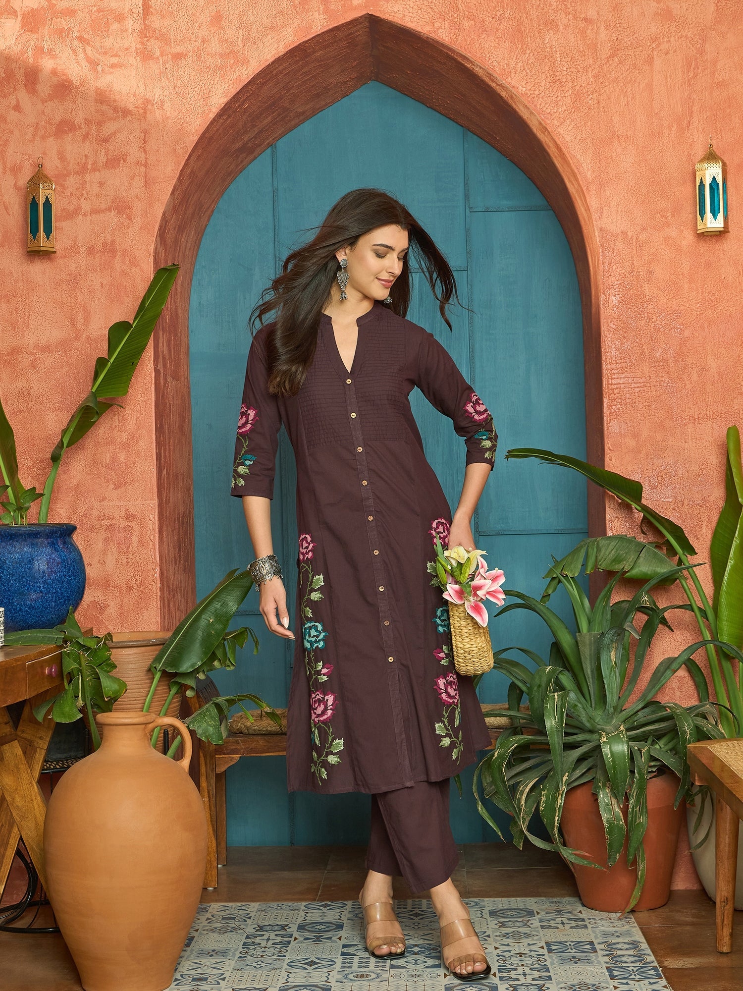Women's Wine Solid & Embroidered Cotton A-Line Kurta Pant Set (KPWINEK