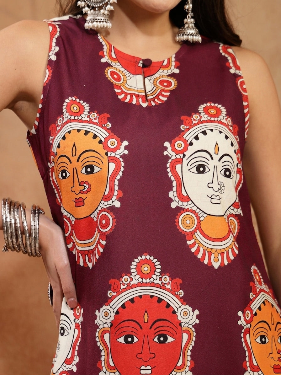 Women's Wine Kalamkari Face Printed Rayon A-Line Kurta Palazzo Set (KP