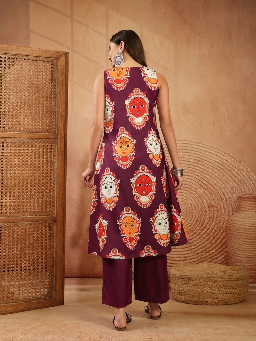 Women's Wine Kalamkari Face Printed Rayon A-Line Kurta Palazzo Set (KP