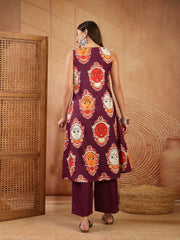 Stylum Women's Wine Kalamkari Face Printed Rayon A-Line Kurta Palazzo Set (KPWINERANCHI)