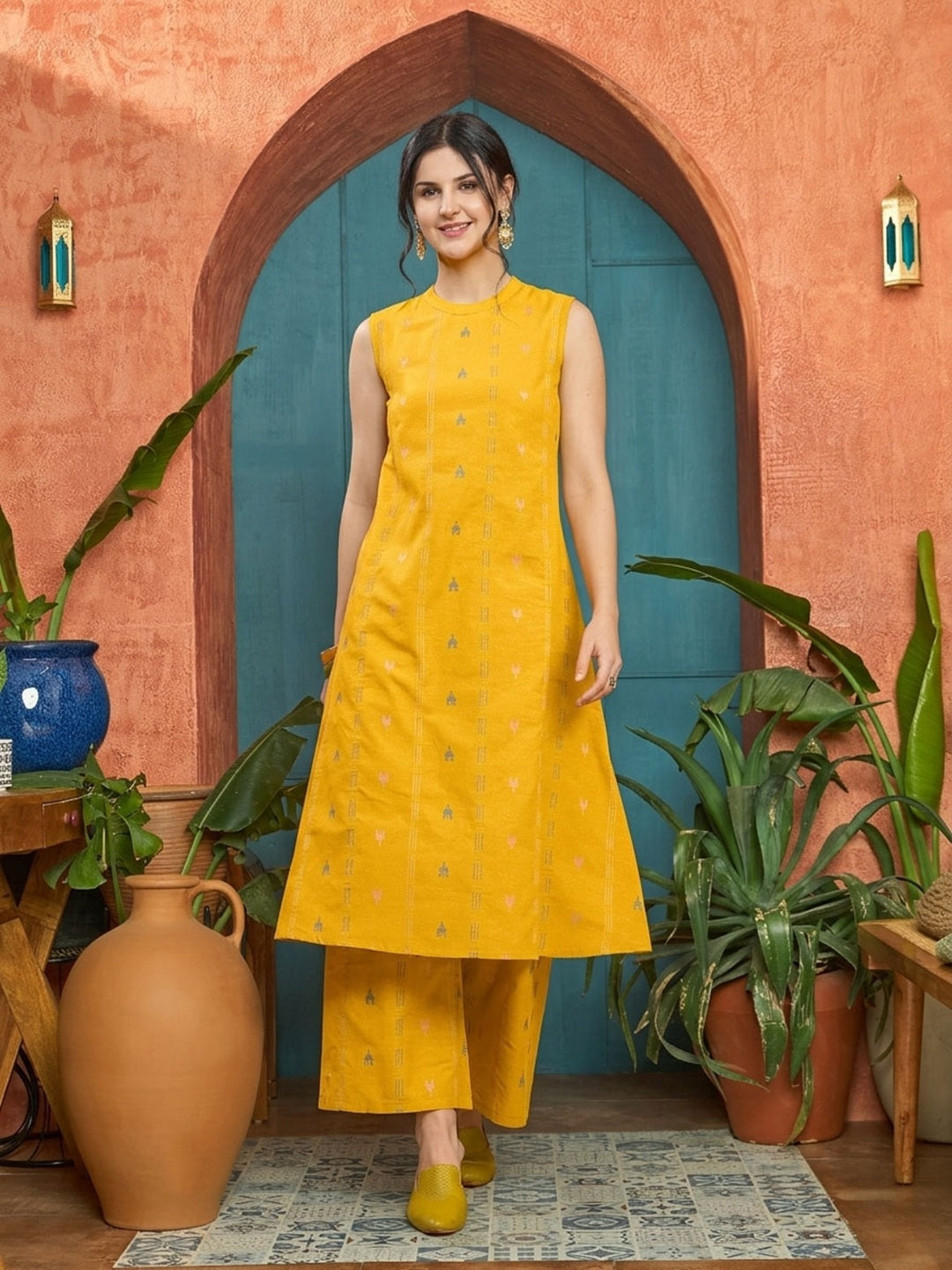 Women's Yellow Woven Design Kantha Cotton A-Line Kurta Palazzo Set (KP
