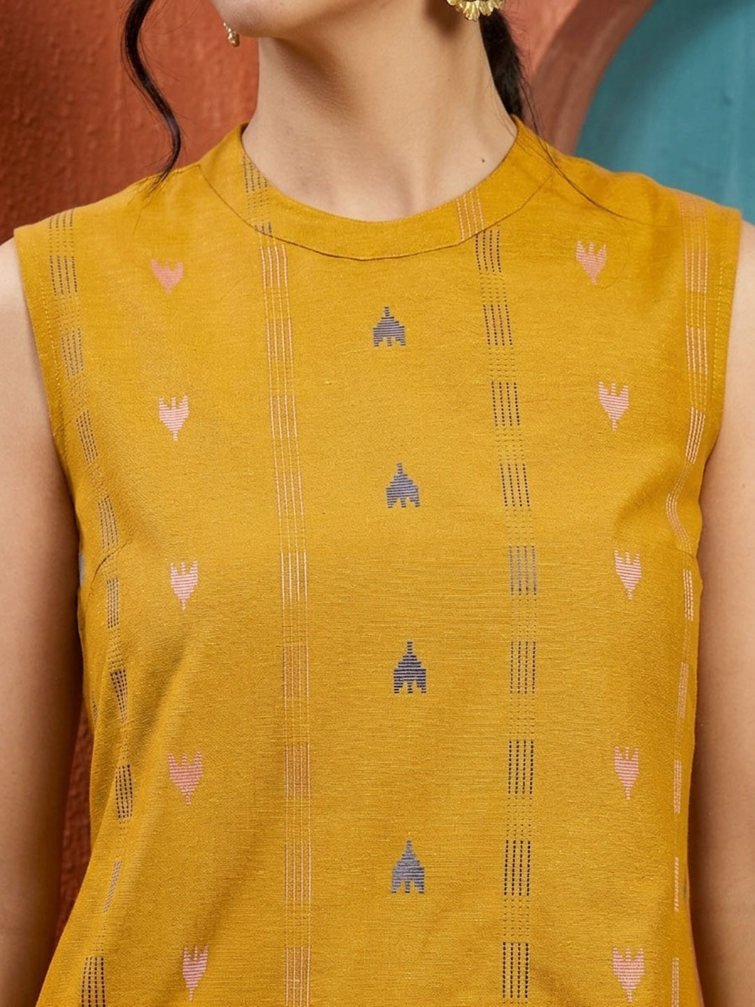 Women's Yellow Woven Design Kantha Cotton A-Line Kurta Palazzo Set (KP