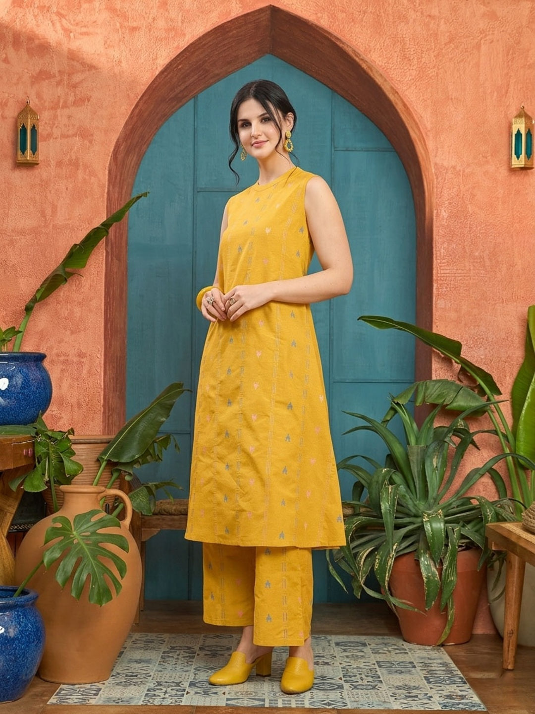 Women's Yellow Woven Design Kantha Cotton A-Line Kurta Palazzo Set (KP