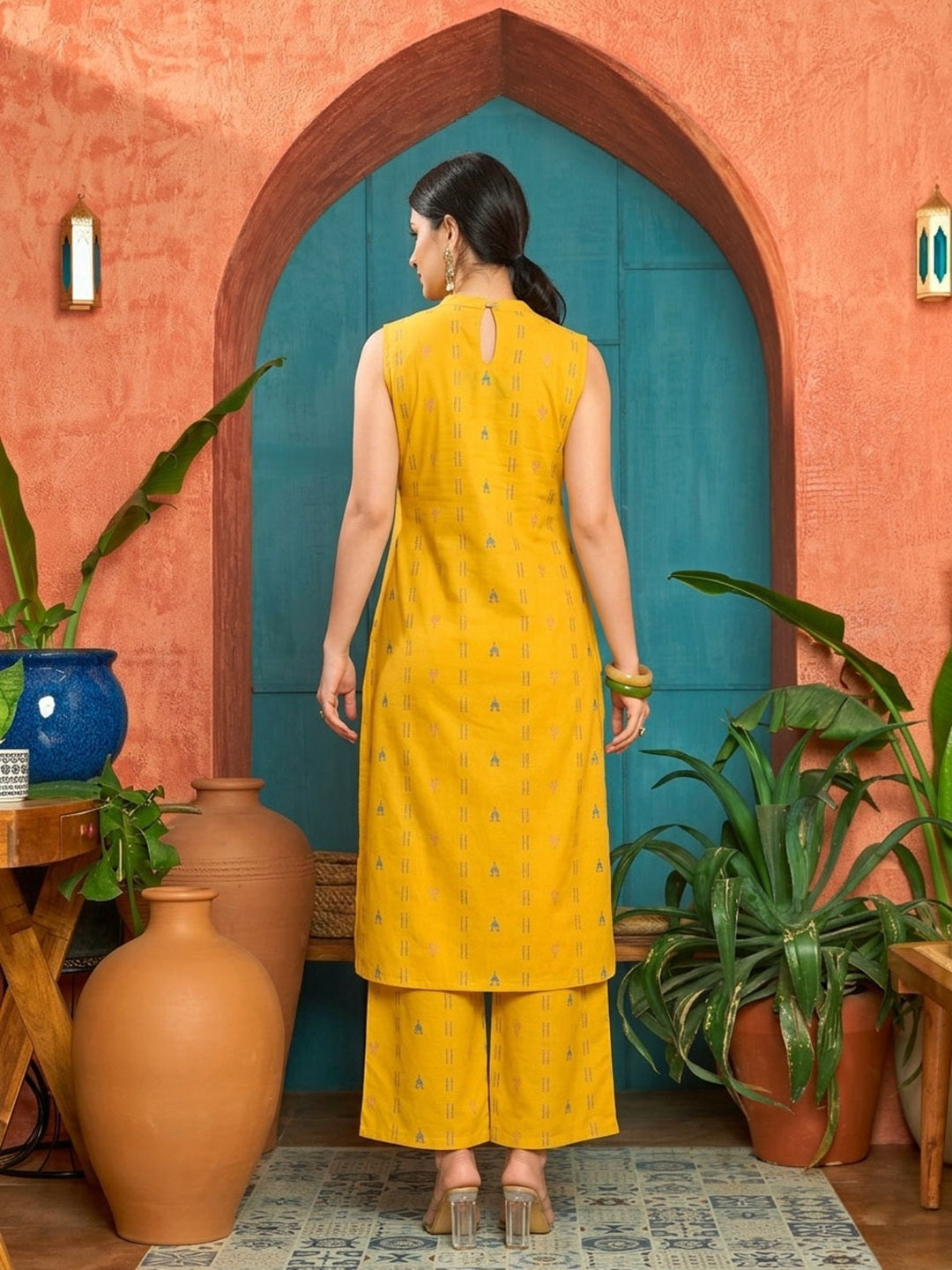 Women's Yellow Woven Design Kantha Cotton A-Line Kurta Palazzo Set (KP