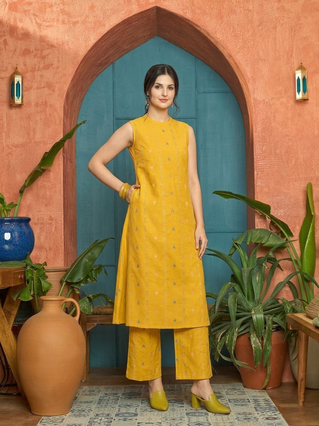 Women's Yellow Woven Design Kantha Cotton A-Line Kurta Palazzo Set (KP