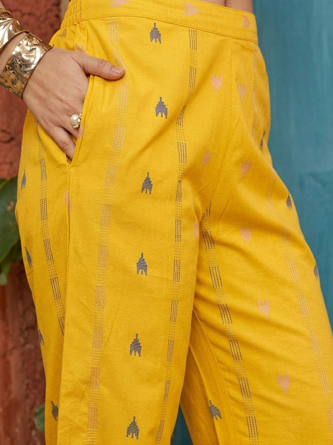 Women's Yellow Woven Design Kantha Cotton A-Line Kurta Palazzo Set (KP
