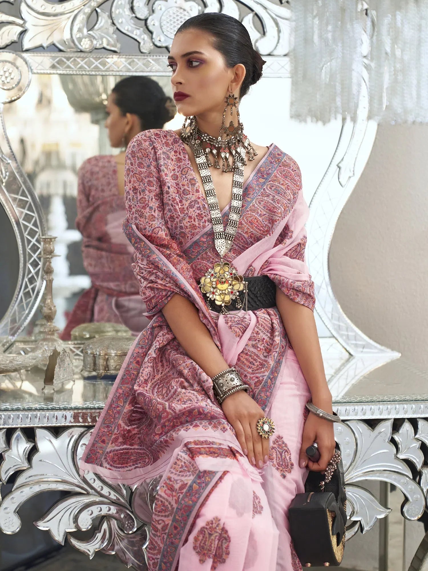 Elegant Pink Woven Polyester Saree with Blouse | Authentic Indian Sarees