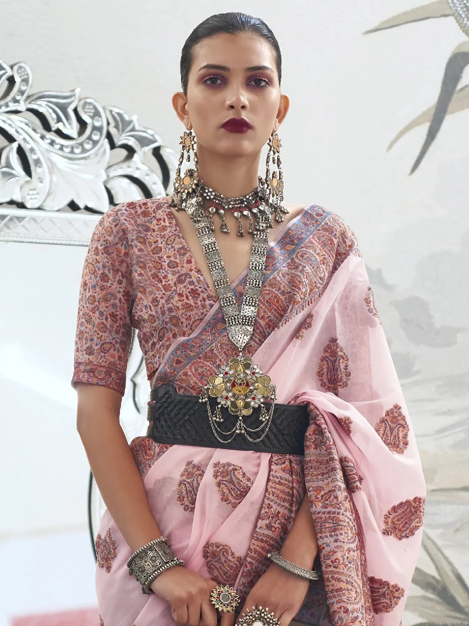 Elegant Pink Woven Polyester Saree with Blouse | Authentic Indian Sarees