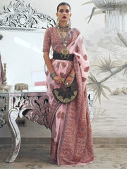 Women's Blend Peach Woven Design Designer Saree With Blouse Piece-KQALIB328009