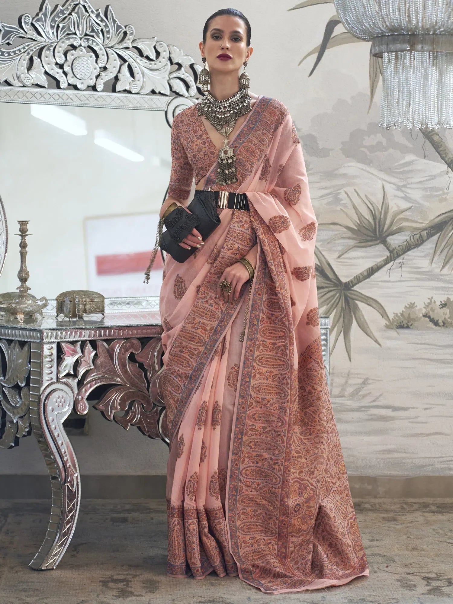 Peach Woven Polyester Saree | Indian Sarees with Blouse