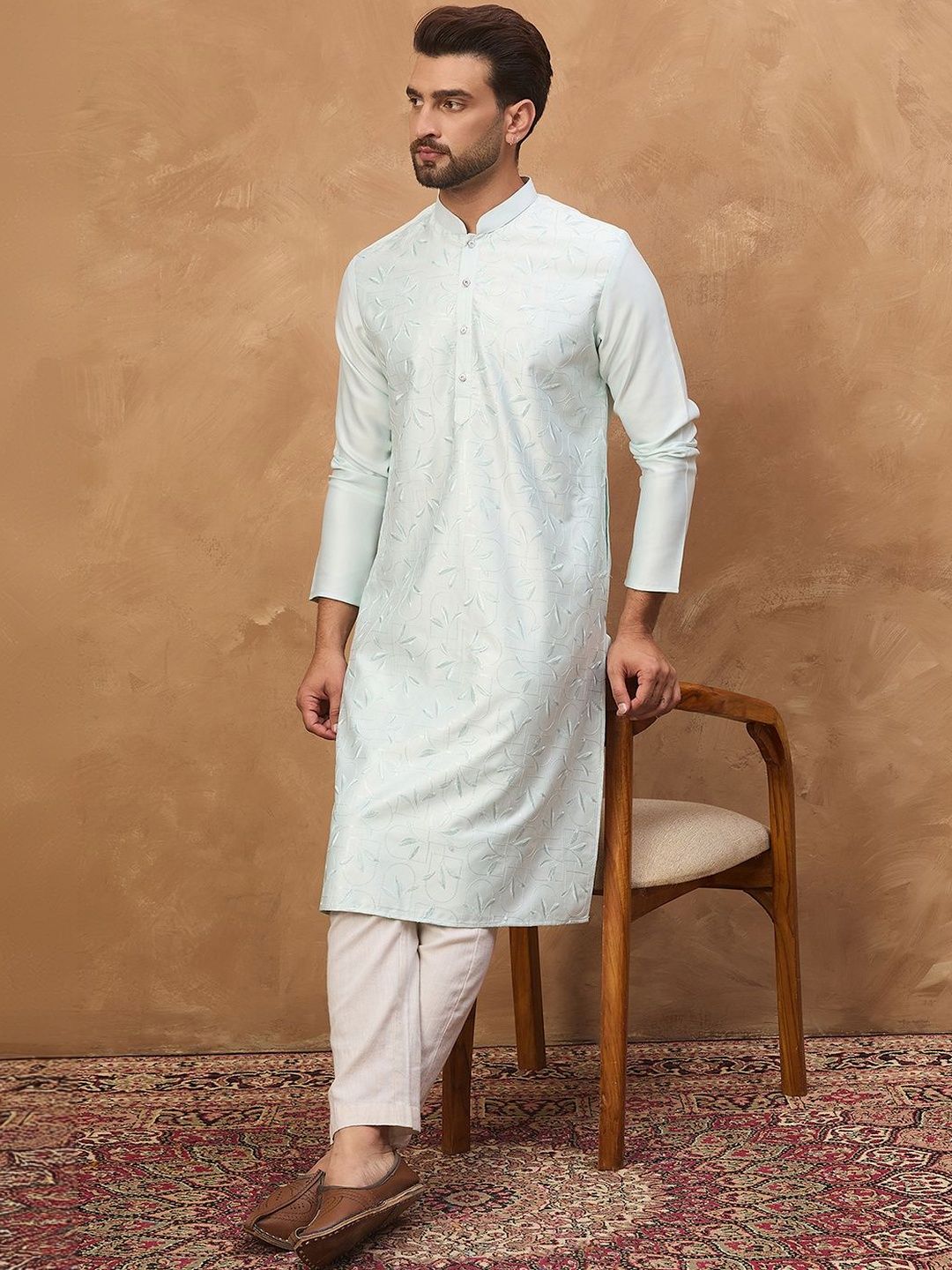 Ethnic Bay Men Blue Silk Blend Solid Embroidered Straight Kurta With Pant Set-MKSET1446