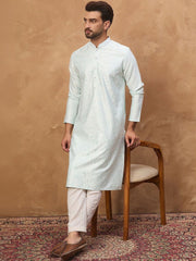 Ethnic Bay Men Blue Silk Blend Solid Embroidered Straight Kurta With Pant Set-MKSET1446