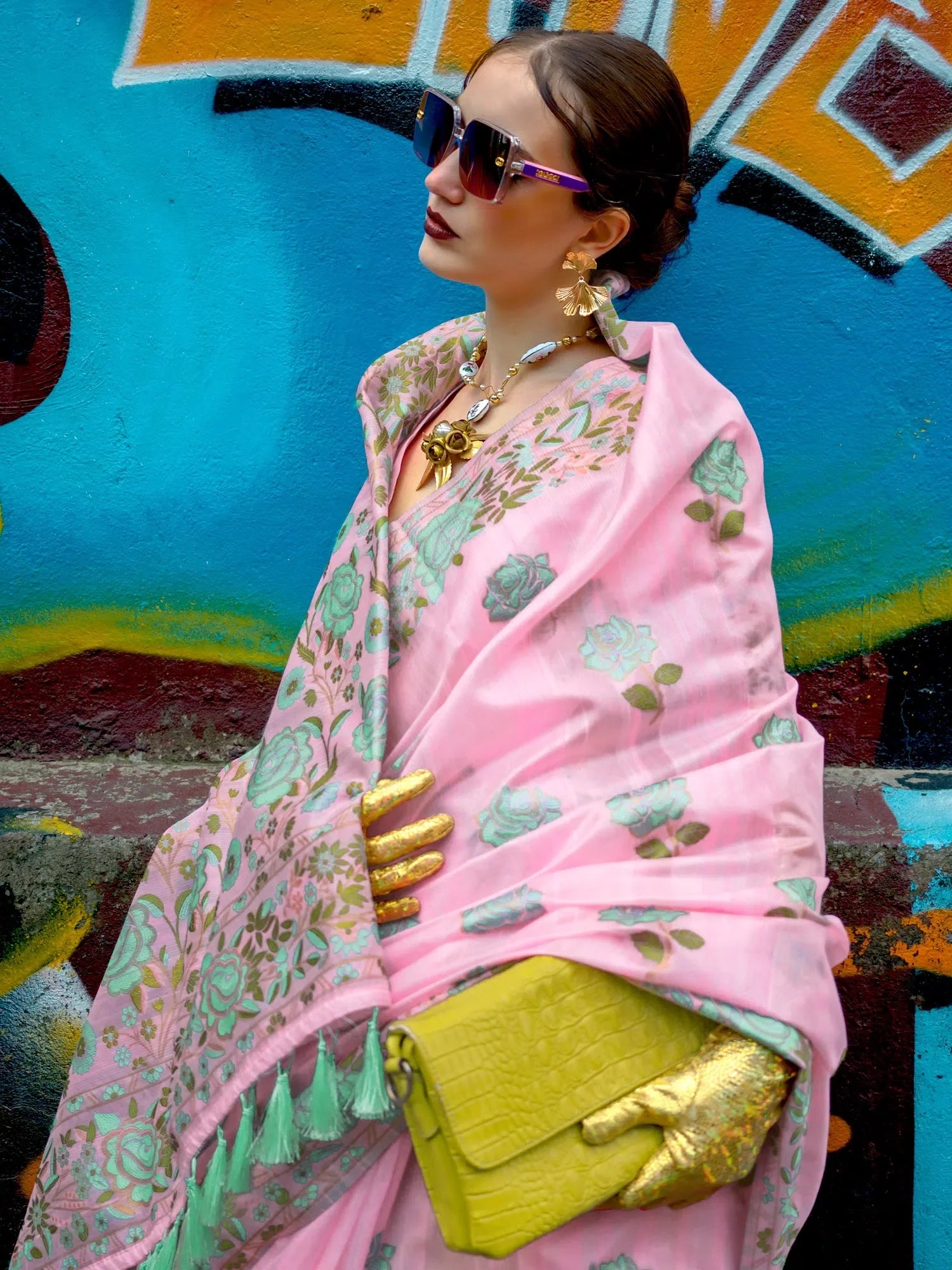 Pink Cotton Blend Saree - Indian Wedding Sarees & Blouse
