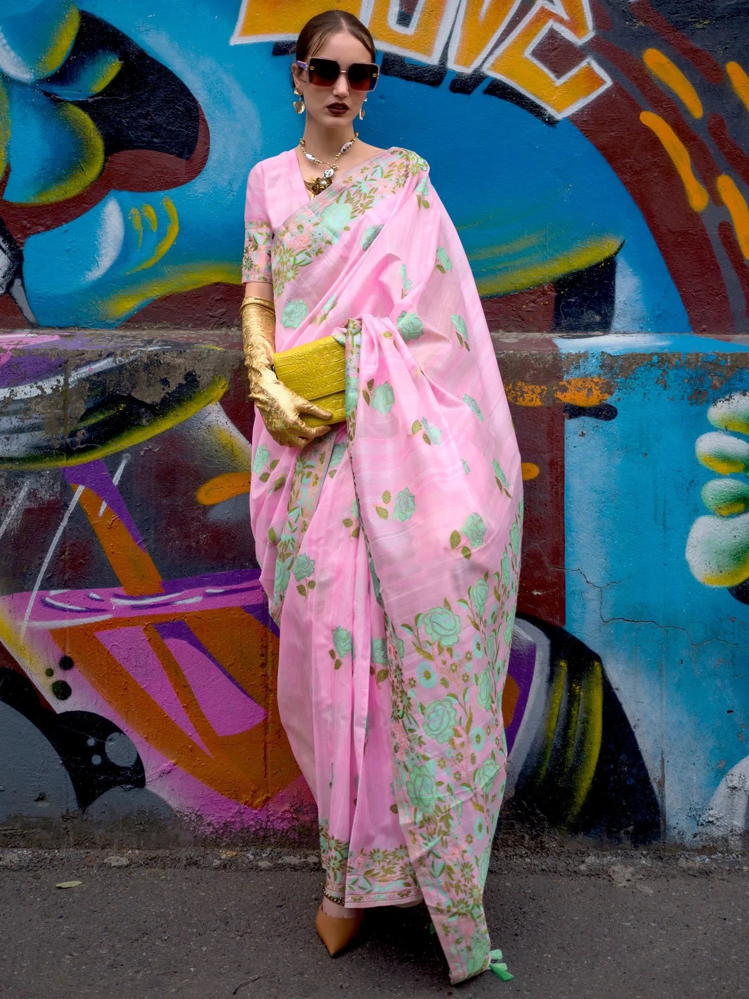 Pink Cotton Blend Saree - Indian Wedding Sarees & Blouse