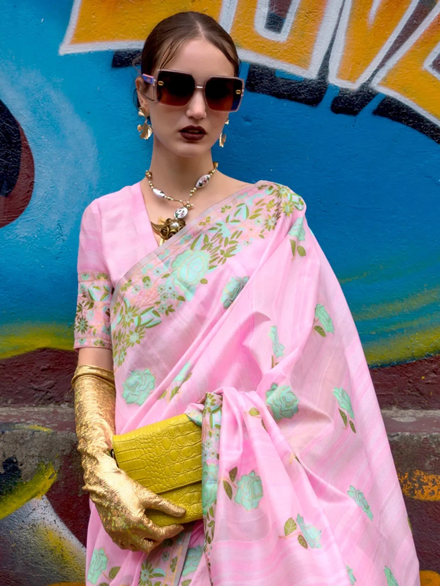 Pink Cotton Blend Saree - Indian Wedding Sarees & Blouse