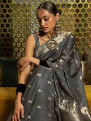 Women's Blend Navy Blue Woven Design Designer Saree With Blouse Piece-KRISA291004