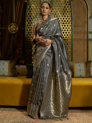 Women's Blend Navy Blue Woven Design Designer Saree With Blouse Piece-KRISA291004