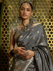 Women's Blend Navy Blue Woven Design Designer Saree With Blouse Piece-KRISA291004