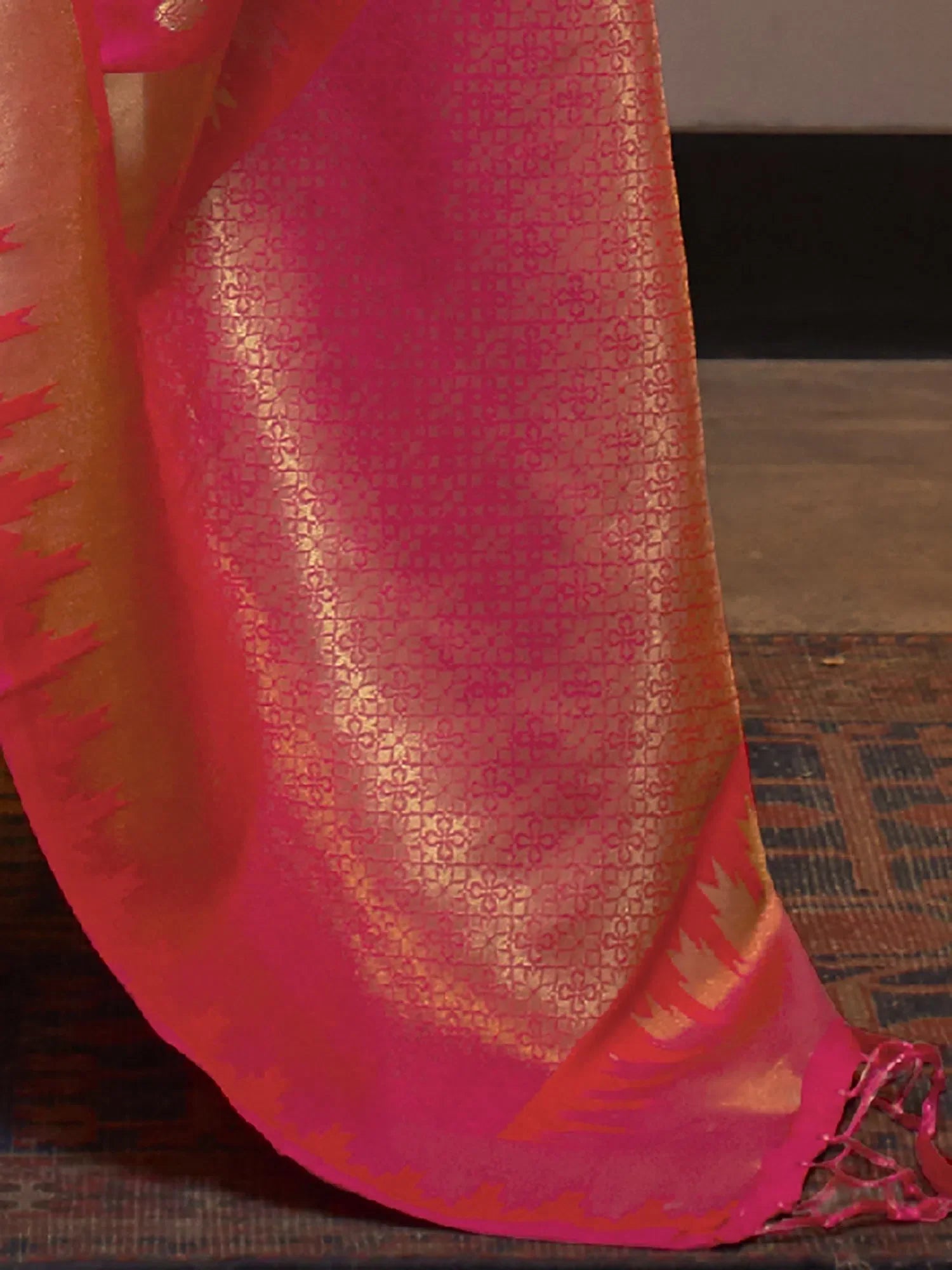 Traditional Pink Woven Polyester Saree with Blouse | Authentic Indian Sarees