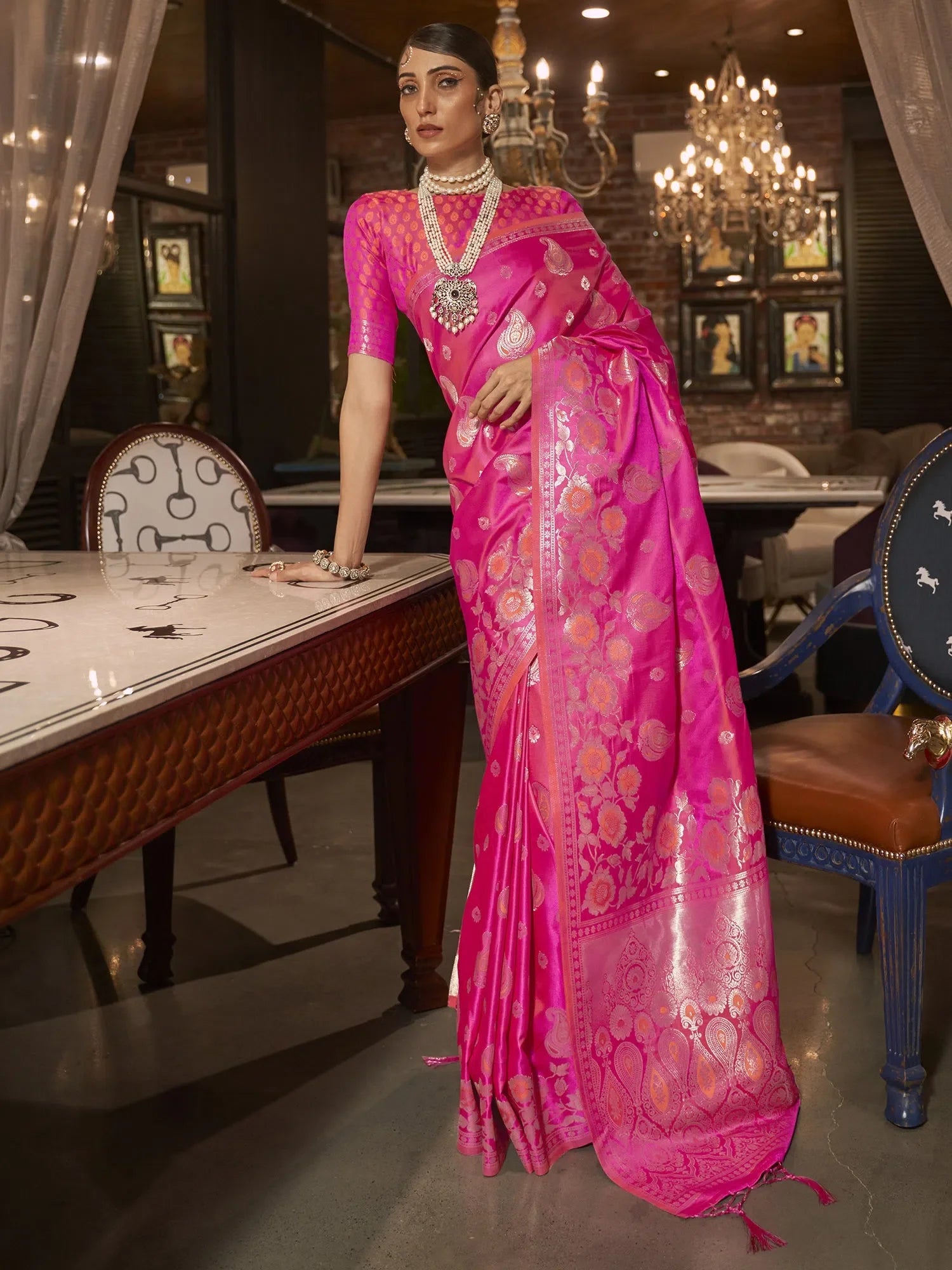 Pink Woven Designer Indian Sari with Blouse