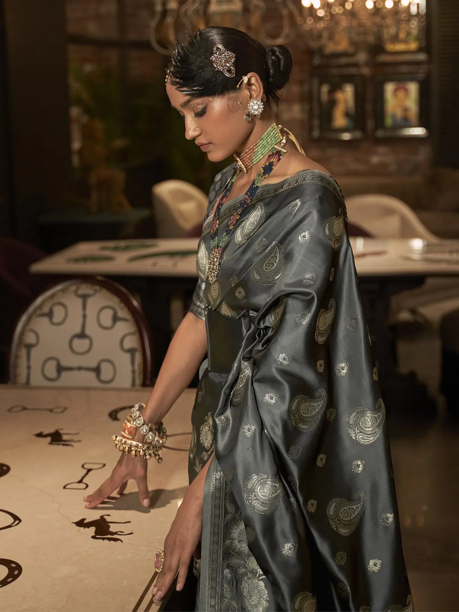 Classic Grey Woven Polyester Saree | Premium Designer Sarees India