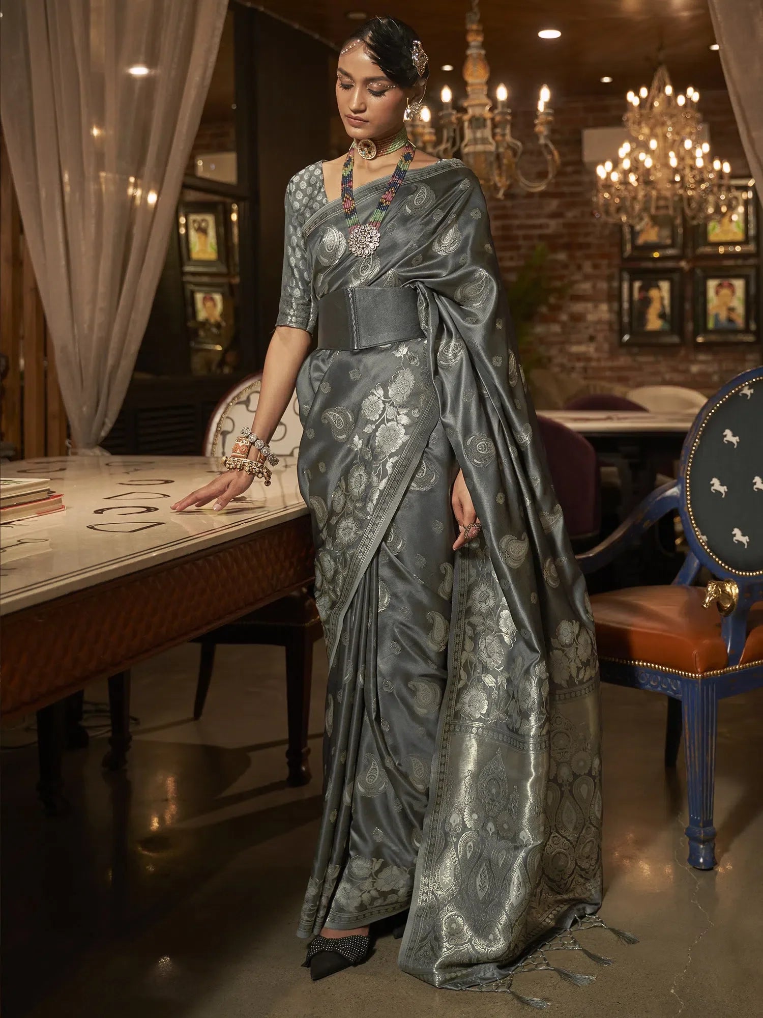 Classic Grey Woven Polyester Saree | Premium Designer Sarees India