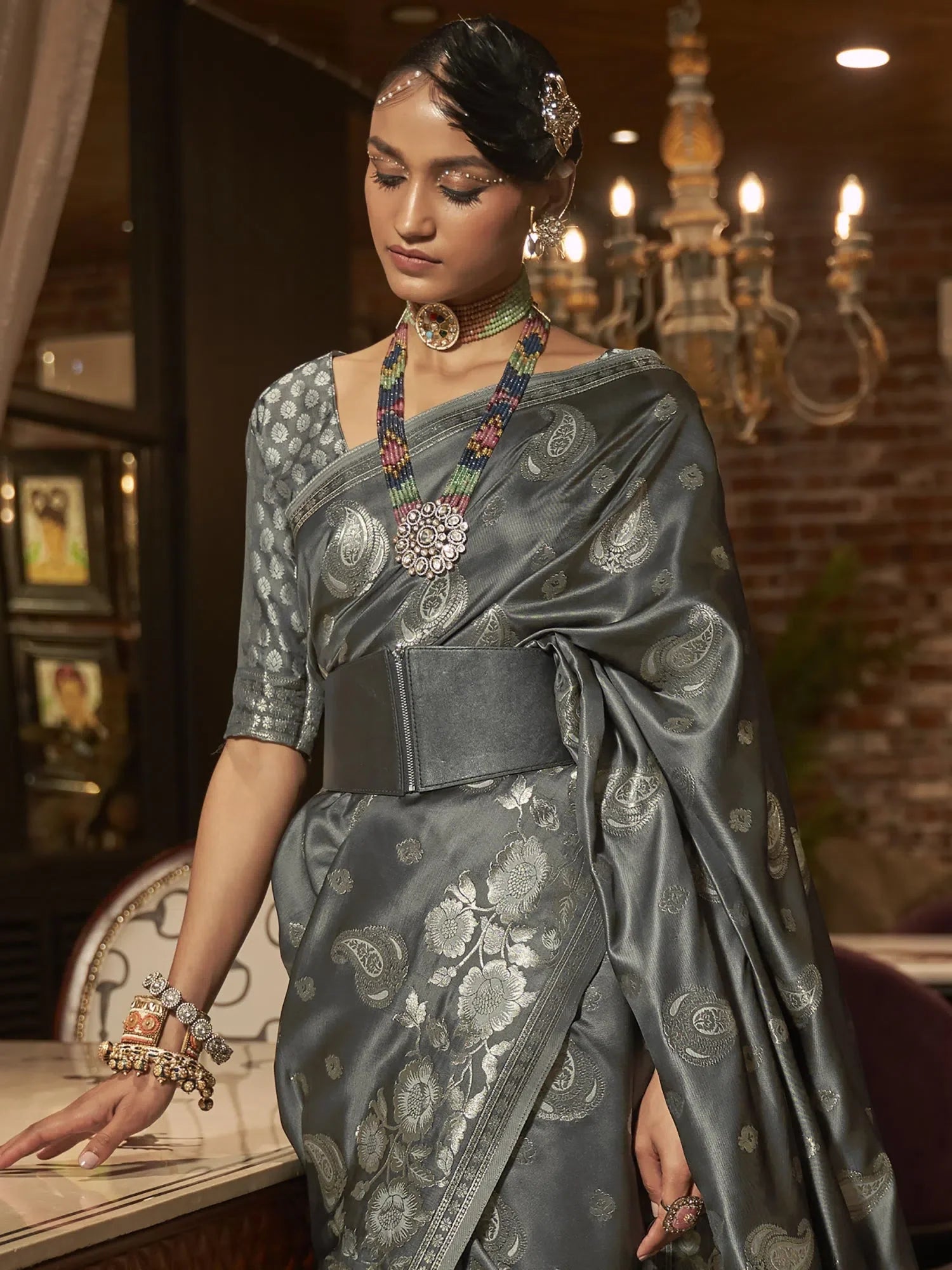 Classic Grey Woven Polyester Saree | Premium Designer Sarees India