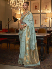 Women's Blend Teal Blue Woven Design Designer Saree With Blouse Piece-KRVA175001