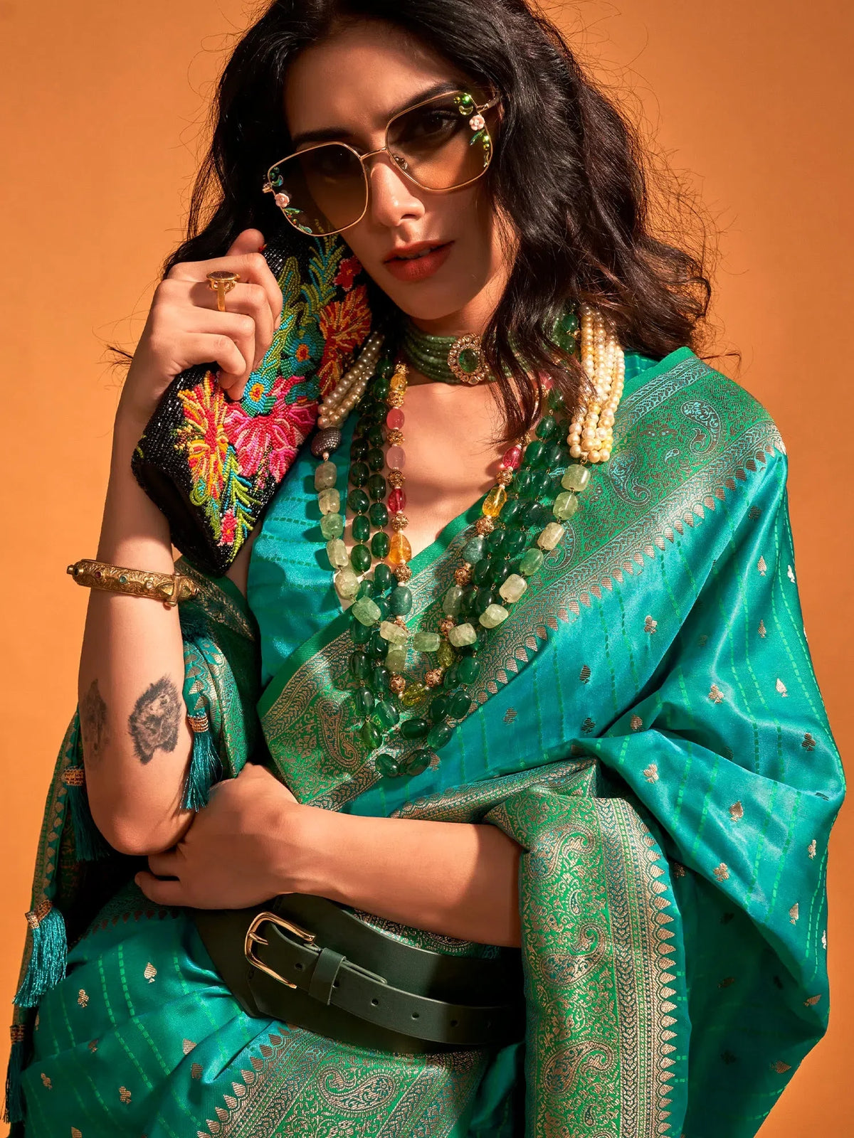 Women's Satin Teal Blue Woven Design Designer Saree With Blouse Piece-KRNAL357004