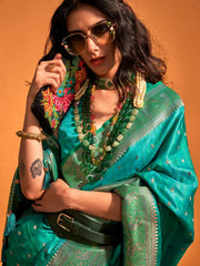 Women's Satin Teal Blue Woven Design Designer Saree With Blouse Piece-KRNAL357004